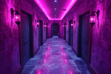 Fototapeta premium A long hallway with purple walls and pink lights