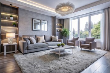 Plush gray and white carpeting defines a modern room, exuding cozy elegance with its soothing neutrality.