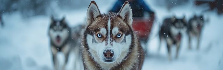 Obraz premium Huskies Pulling a Sled Through Snowy Forest Trail with Musher in Background