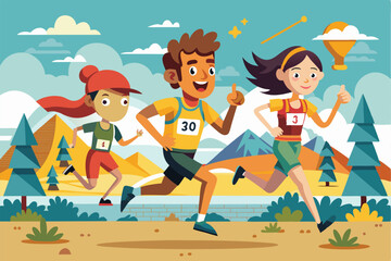 Three cartoon runners participate in a marathon, excitedly racing through a vibrant landscape, Customizable cartoon illustration of a cross country race.