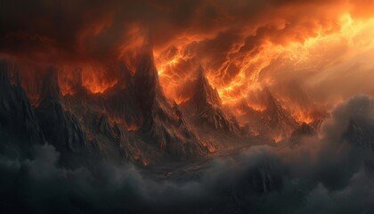 Dramatic fiery sky with turbulent clouds