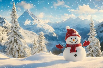 Obraz premium Snowman in Winter Wonderland with Mountain View