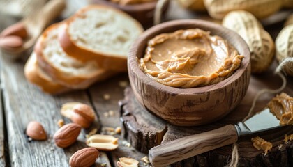 Creamy peanut butter in jars with nuts and bread on wooden table