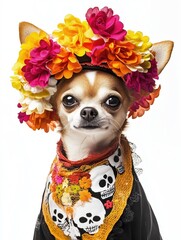 chihuahua wearing a dia de los muertos costume