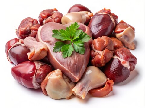 Raw turkey giblets form a rustic cluster, featuring the heart, gizzard, and liver on a stark white background,
