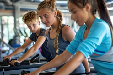 Instructor guides teens through exercise routines at a fitness center during afternoon training session
