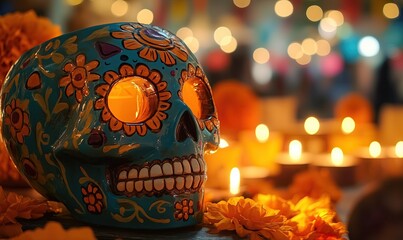 hand painted blue Dia De Los Muertos sugar skull