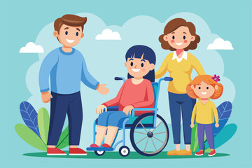 Fototapeta premium A family poses happily together outdoors, with a young girl in a wheelchair smiling at the camera, Customizable cartoon illustration of a lion family.