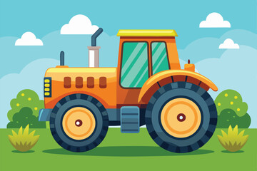 A colorful cartoon farm tractor parks in a serene field under a clear blue sky and fluffy clouds, Customizable cartoon illustration of a farm tractor.