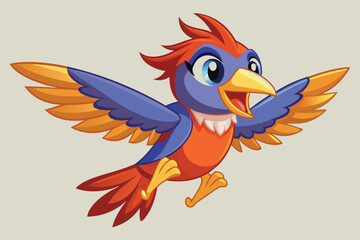 Fototapeta premium A lively cartoon bird soars through the sky, showcasing its colorful wings and joyful expression, Customizable cartoon illustration of a flying bird.