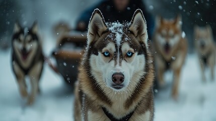 Naklejka premium Huskies Pulling a Sled Through Snowy Forest Trail with Musher in Background