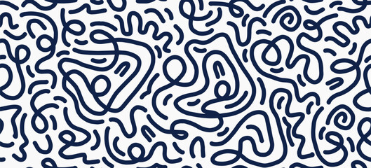 Fototapeta premium Fun colorful line doodle seamless pattern for kids birthday party or celebration background, trendy design with scribble shapes on black backdrop