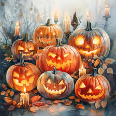 Fototapeta premium A collection of vibrant Jack-o'-lanterns in various shapes and sizes, painted in soft watercolor hues.