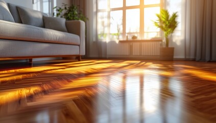 Fototapeta premium A minimalist living space with a polished wooden floor, large windows, and soft natural light. Ideal for highlighting floor care products, home decor, or interior design.
