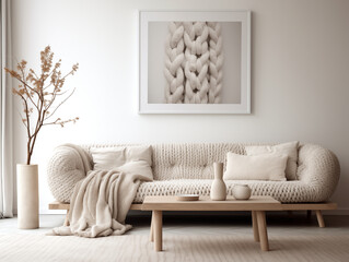 Modern minimalist scandinavian interior. Chunky knit textured couch in white living room