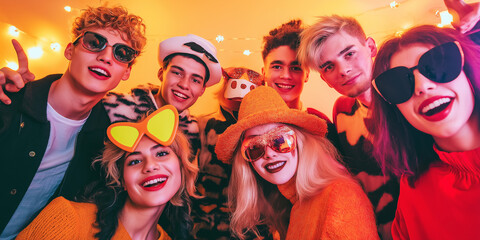 Obraz premium Gen Z friends in quirky costumes at a Halloween photo booth 