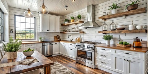 Rustic kitchen features white shiplap backsplash and modern appliances
