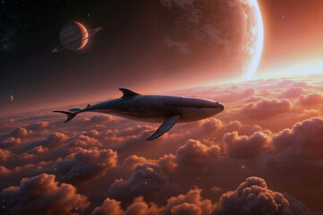 Fototapeta premium Whale swimming through clouds with a distant planet and rings in the background