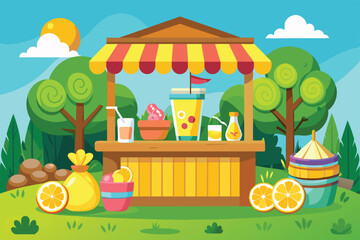 Obraz premium A colorful lemonade stand surrounded by fruits and trees, ready to serve refreshing drinks on a sunny day, Customizable cartoon illustration of a lemonade stand.
