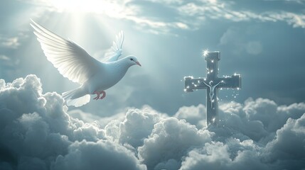 White dove flying in front of a radiant cross in the clouds