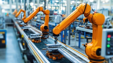 Busy factory floor with automated machinery assembling products, a perfect balance of human and machine efficiency