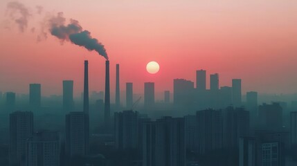 Heavy industry district with massive smokestacks, urban skyline visible through the haze, representing the heart of production