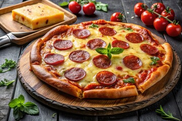 Savory melted cheese, pepperoni's tantalizing bite, and a satisfying crunch on a rustic stone serving board, perfect