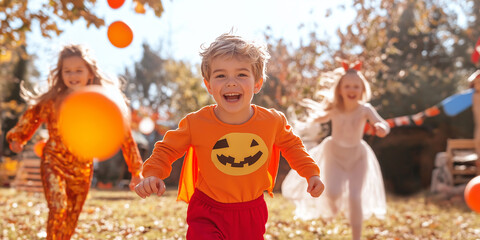 Halloween fun for Gen Alpha kids in superhero and princess costumes, kids halloween background