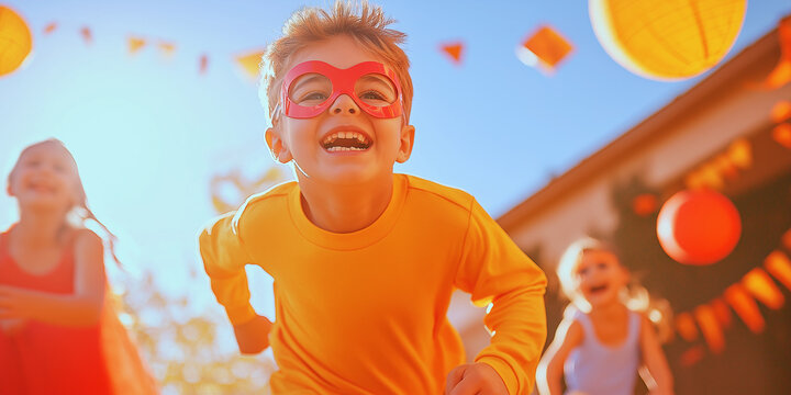 Gen Alpha kids having fun in a Halloween-decorated yard
