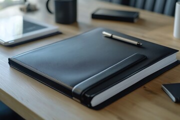 Closed Black Leather Notebook with Pen on Wooden Desk