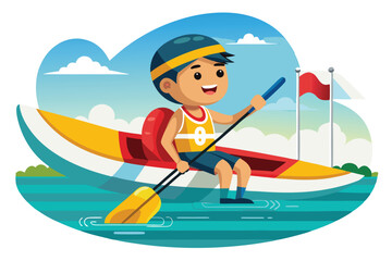 A cheerful young athlete in a kayak enjoys paddling on a calm river under a sunny sky, Customizable cartoon illustration of a paralympic canoe.