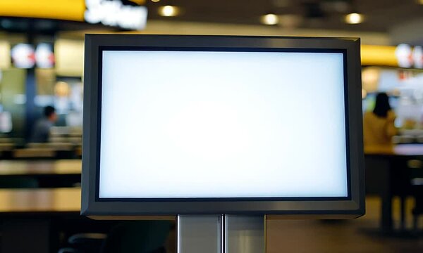 Blank display of self-service screen with touch screen in fast food restaurant