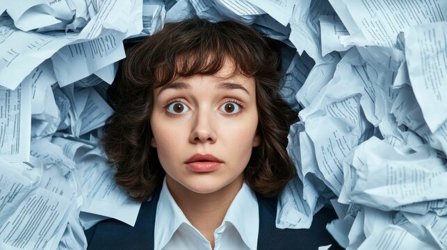 A stressed woman with wide eyes surrounded by piles of crumpled paperwork, symbolizing work overload and stress in a busy office environment.