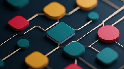 Geometric shapes in red, yellow, and teal connected by gold lines on a dark background, representing digital networks and data flow..