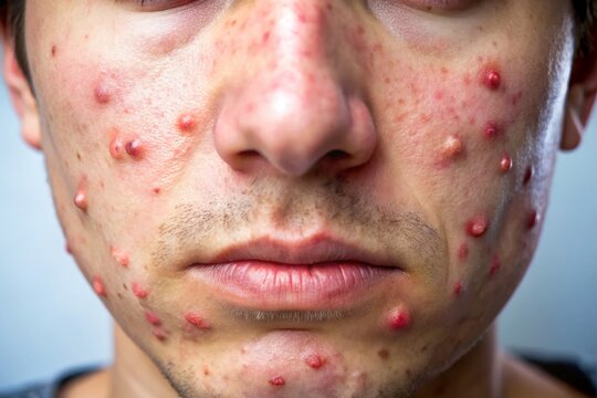 &bull; Severe nodular acne covers the face, characterized by inflamed, pus-filled bumps and nodules.