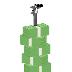 A businessman using binoculars on a stack of banknotes, the essence of vision and investment in finance. The importance of leadership and strategic planning for economic growth and wealth creation