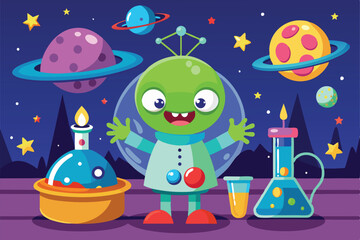Naklejka premium An alien scientist surrounded by planets and scientific equipment is conducting experiments in space, Customizable cartoon illustration of alien science