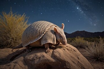 Obraz premium Armadillo Curled Up on a Rocky Outcrop Under a Starry Night Sky