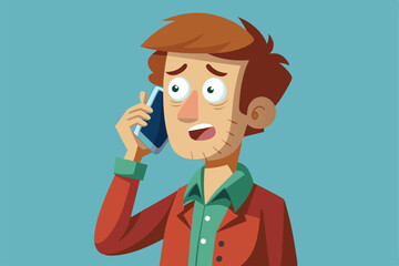 An adult man appears surprised while talking on a smartphone in a bright indoor setting, Customizable cartoon illustration of a catwalk.