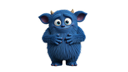 Cute and funny blue monster 3D cartoon character on transparent background
