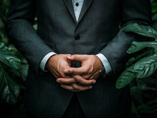 A close-up shot of a professional in formal attire, leading a business meeting while standing in the middle of a dense jungle, surrounded by tropical plants and wildlife