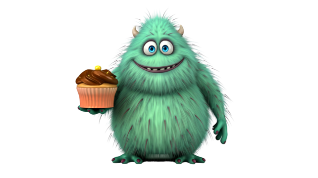 Cute and funny blue  monster 3D cartoon character on transparent background