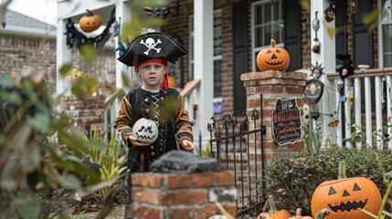 Obraz premium a child in a pirate costume playing a Halloween scavenger hunt game, spooky signs and decor in the yard. Halloween, spooky, haunted concept.