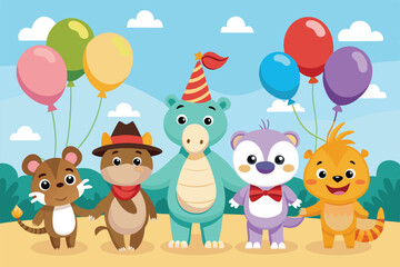 Fototapeta premium Five adorable cartoon animals celebrate a birthday with balloons and party hats in a cheerful setting, Customizable cartoon illustration of animals with balloons.