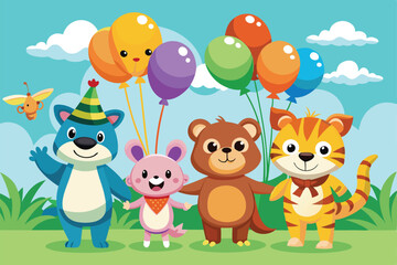 Naklejka premium Four customizable cartoon animals celebrate together holding vibrant balloons under a sunny sky, Customizable cartoon illustration of animals with balloons.