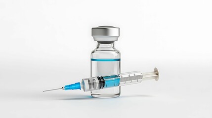 A clear syringe next to a vial containing a blue liquid, commonly associated with vaccinations and medical procedures.