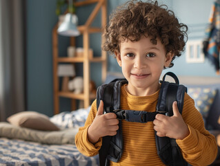 A child adjusts new backpack strap with proud expression