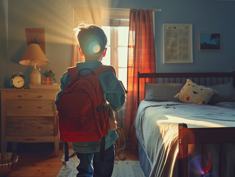 A child excitedly prepares for school with new backpack in cozy bedroom - Powered by Adobe