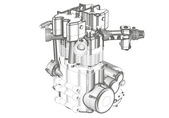 Motorcycle engine on white background.