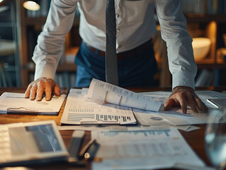 Analyzing cost projections and financial reports, businessman focuses intently